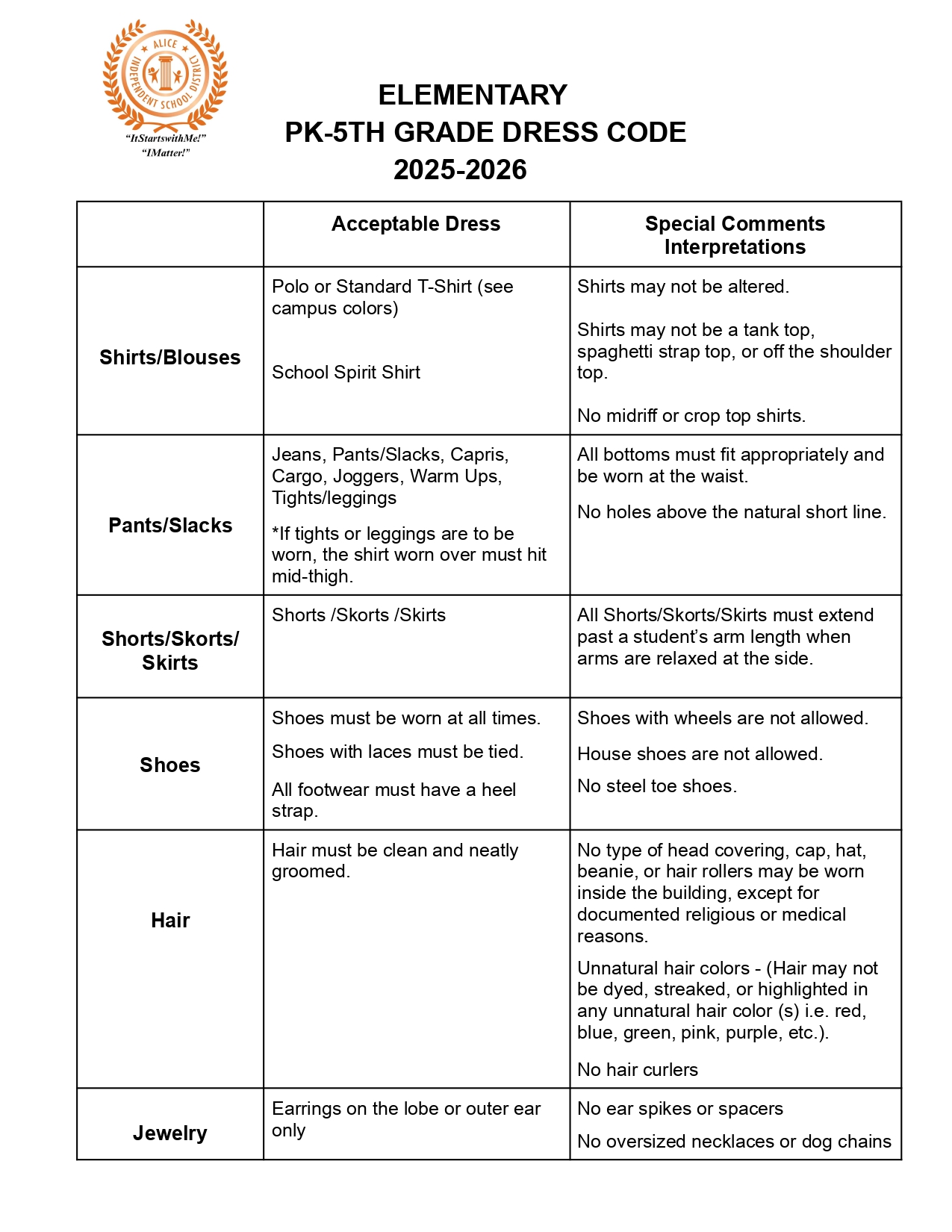 Pre-K - 5th Dress Code pg 1